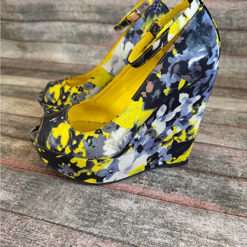 Bakers Yellow and Black Floral Wedges